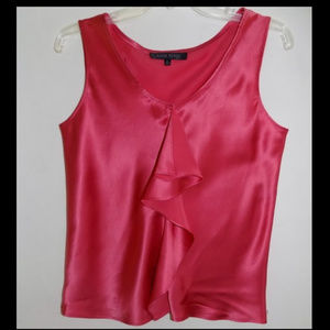 Pure silk satin top 8 Sleeveless Rose pink V-neck Ruffle Shell Anne Klein Blouse